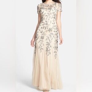 Adrianna Papell Hand Beaded Short Sleeve Floral Godet Gown Taupe Pink Sz4-6 $300